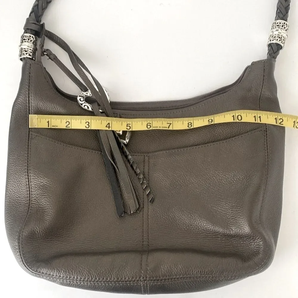 BRIGHTON Metallic Taupe leather shoulder bag braided handle heat charms Medium